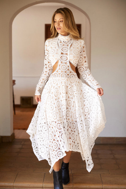 Fox - Crochet Maxi White Midi Long Sleeve Dress