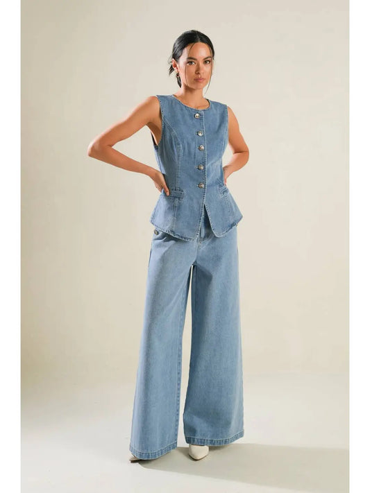 Salom - Washed Denim Vest Featuring Round Neckline