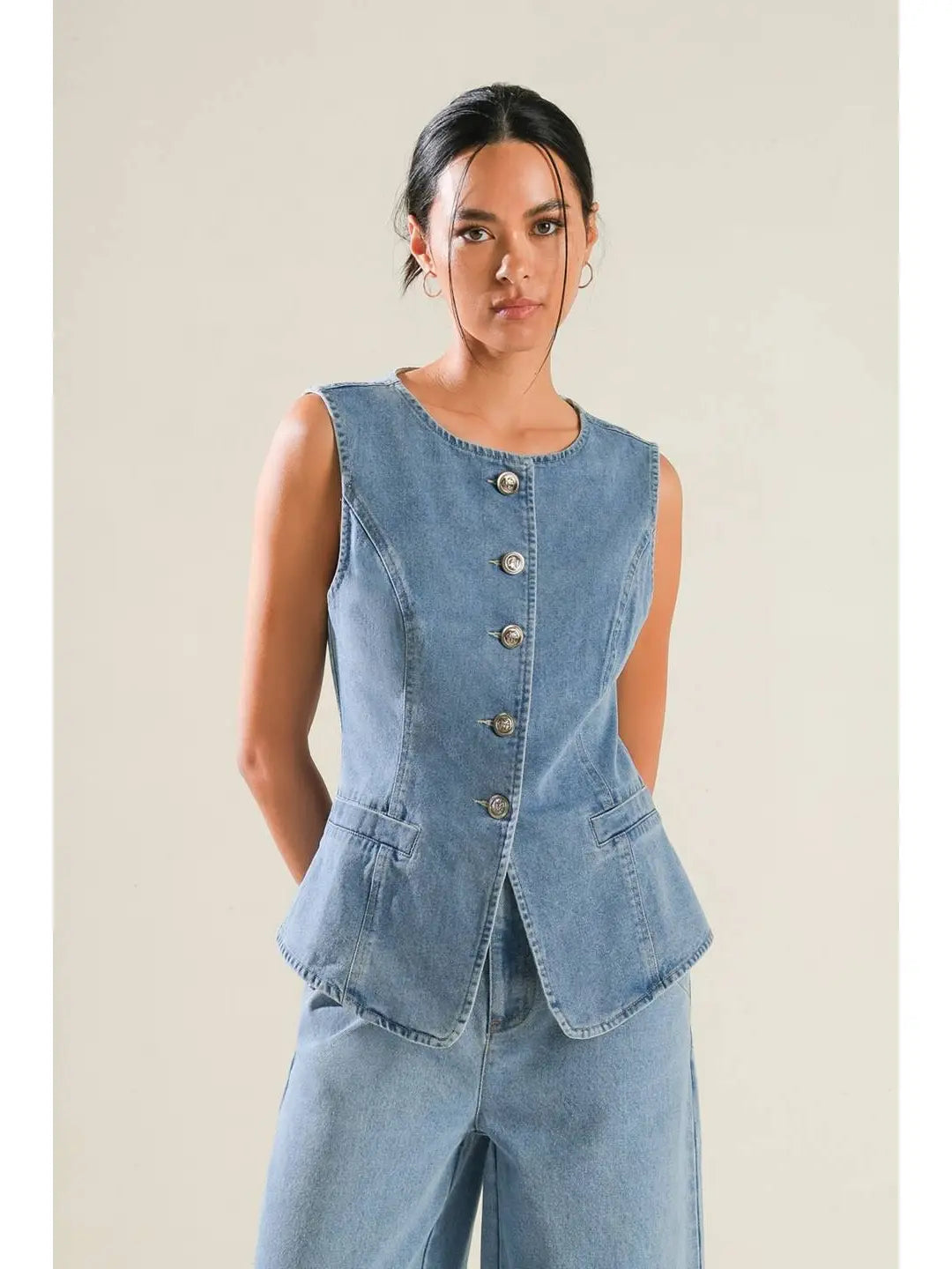 Salom - Washed Denim Vest Featuring Round Neckline