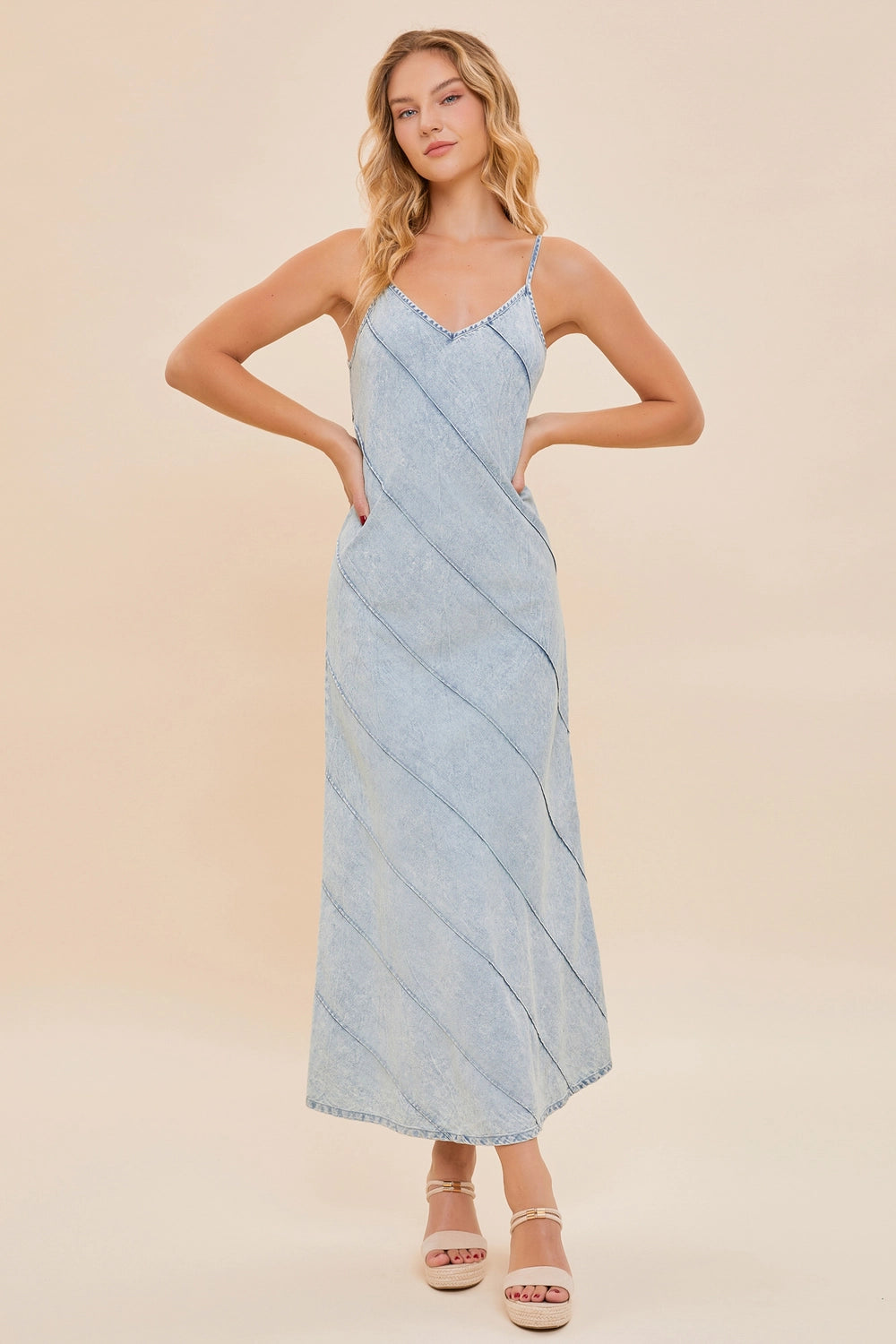 The Panda - Denim V-Neck Sleeveless Maxi Denim Dress