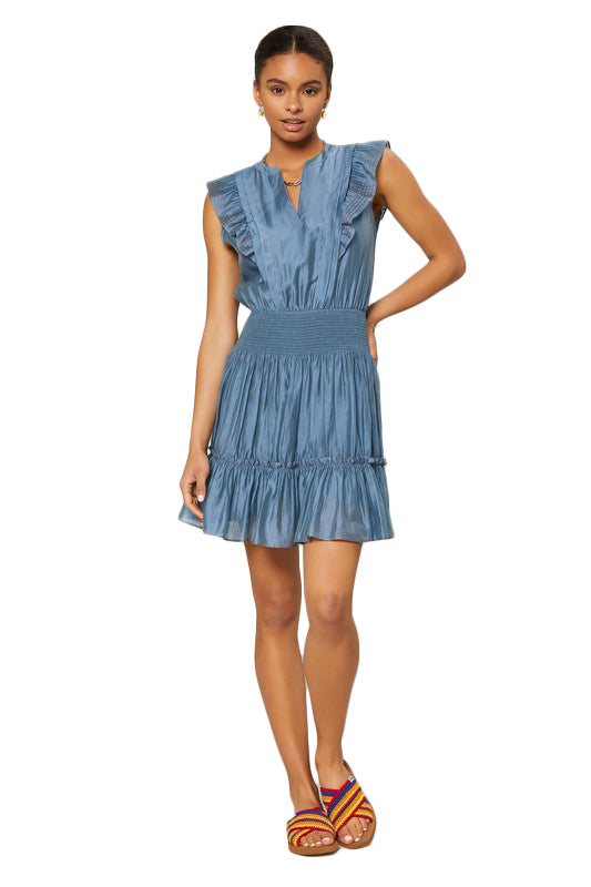 Owl - Sleeveless Split Neck Waist Tiered Mini Dress