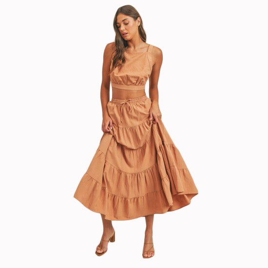 Camel - Crop Top And Ruffle Tier Midi Skirt Set