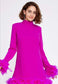 Chicken - Feather Trimmed Long Sleeve Mini Pink Dress