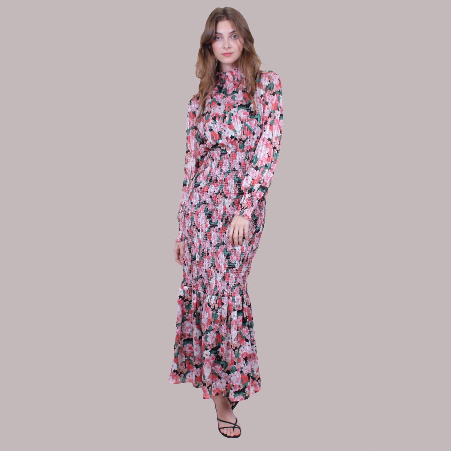 Dolphin - Pink Long Floral Print Smocked Maxi Dress