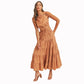 Camel - Crop Top And Ruffle Tier Midi Skirt Set