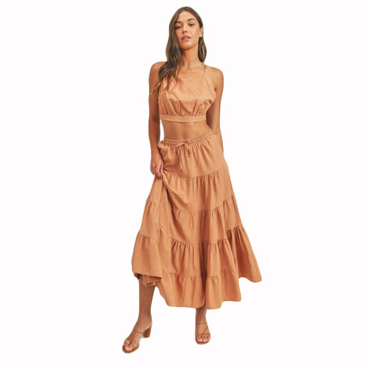 Camel - Crop Top And Ruffle Tier Midi Skirt Set