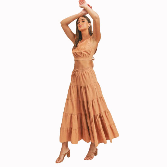 Camel - Crop Top And Ruffle Tier Midi Skirt Set