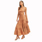 Camel - Crop Top And Ruffle Tier Midi Skirt Set