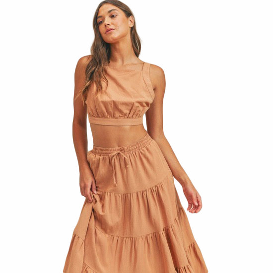 Camel - Crop Top And Ruffle Tier Midi Skirt Set