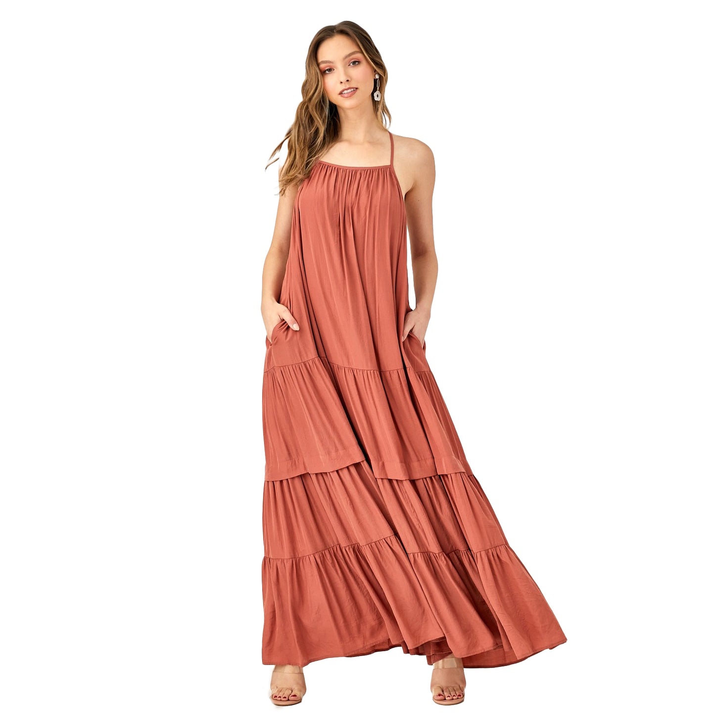 Sloth - Long Criss Cross Strap Tiered Maxi Dress