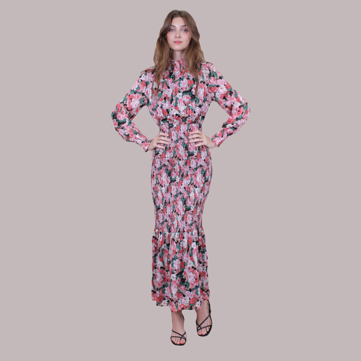 Dolphin - Pink Long Floral Print Smocked Maxi Dress