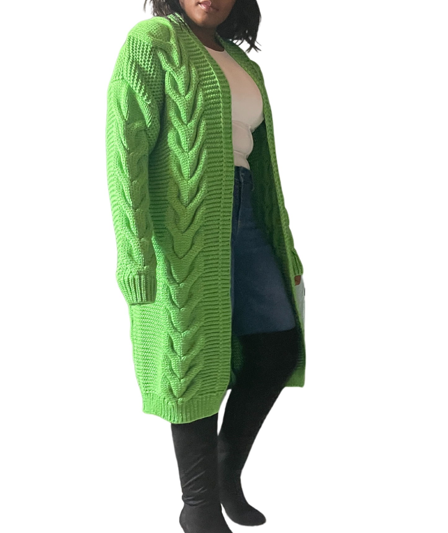 Cat -  Green Long Wool Sweater Cardigan With long  Sleeves