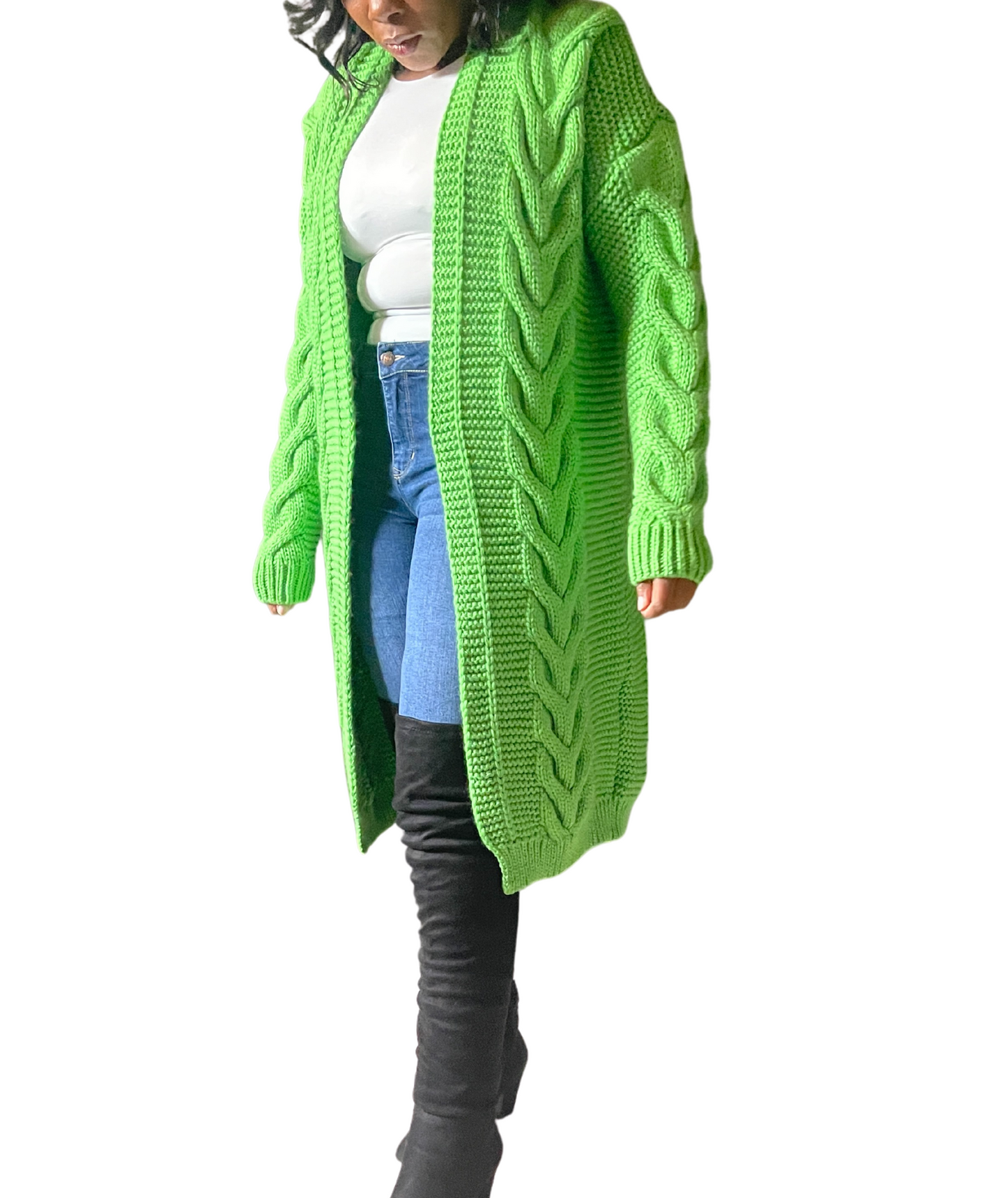 Cat -  Green Long Wool Sweater Cardigan With long  Sleeves