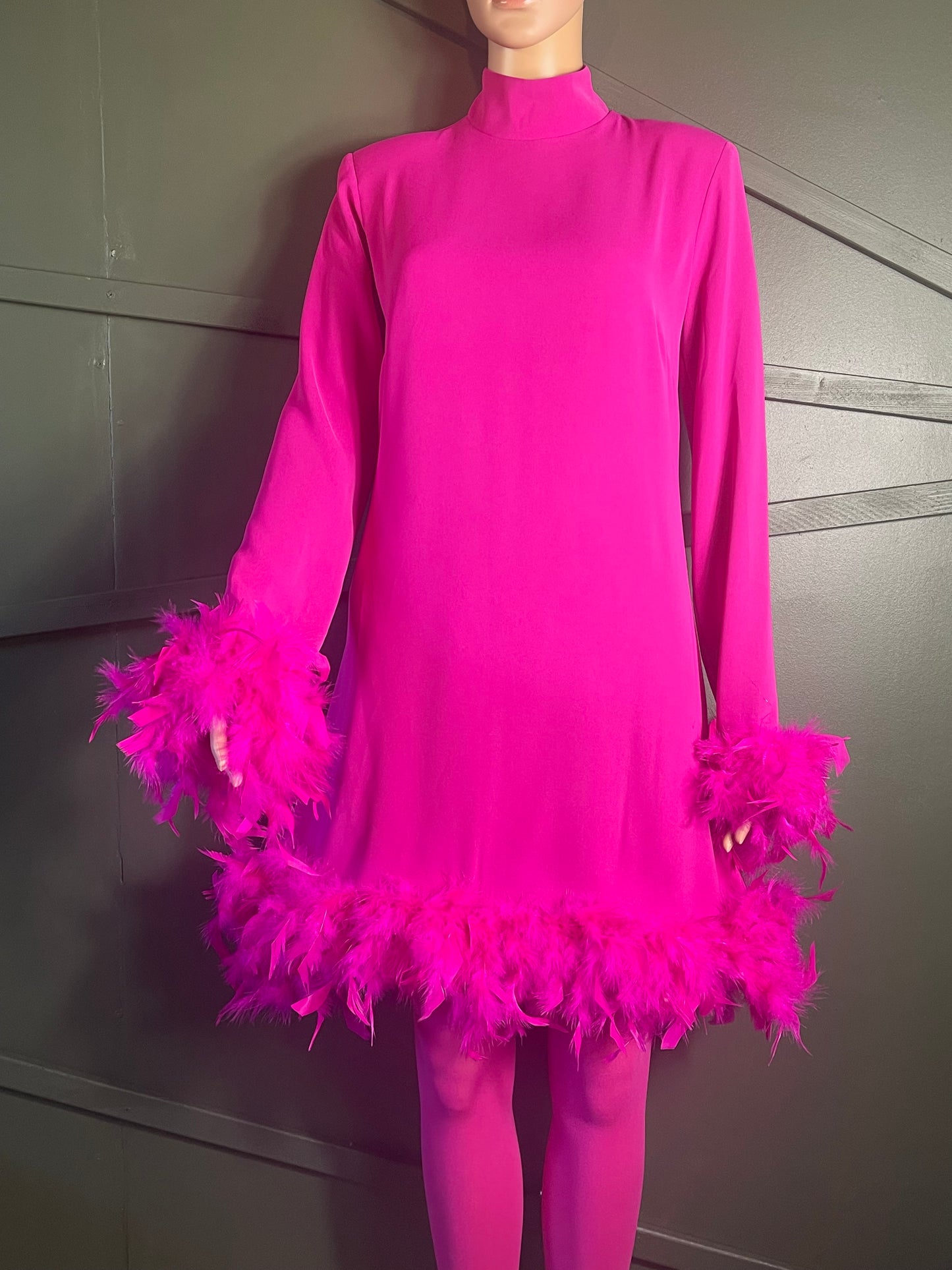 Chicken - Feather Trimmed Long Sleeve Mini Pink Dress