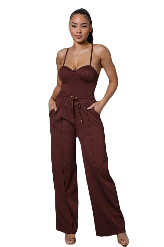 Squirrel Set - Two Set Chocolate Bustier Bodysuit With Elastic Wide Leg Pants