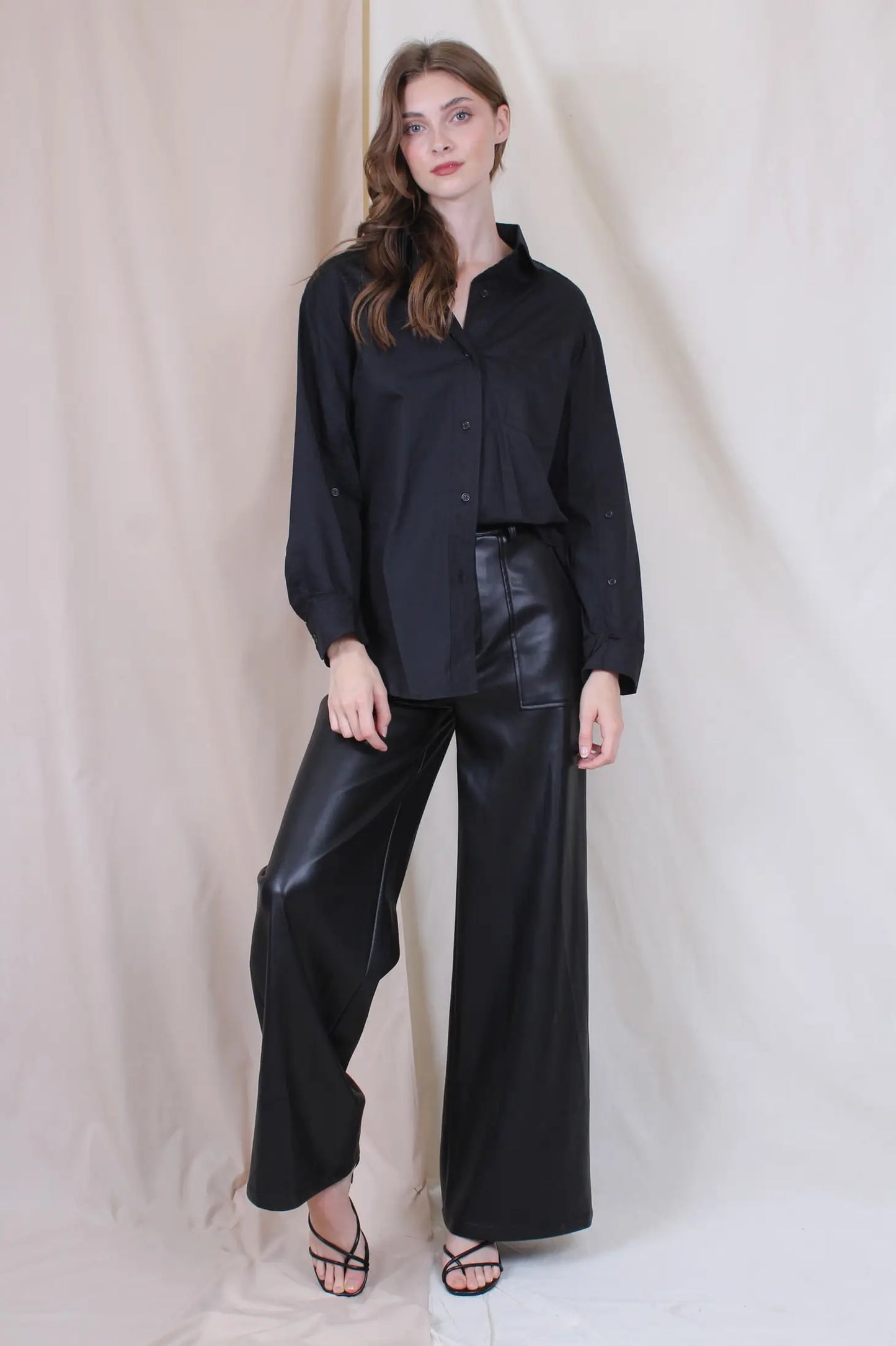 Coyote - Faux Leather Large Pocket Wide Leg Carpenter Pants