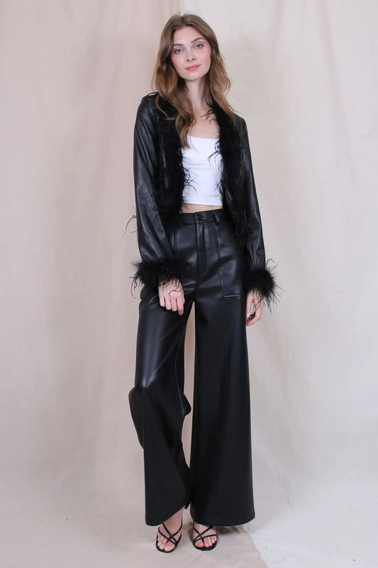 Coyote - Faux Leather Large Pocket Wide Leg Carpenter Pants