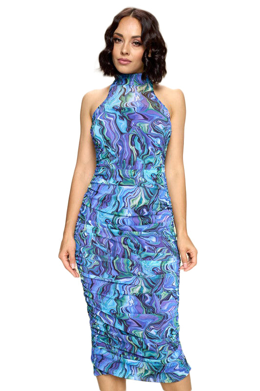 Hummingbird - Blue multi-Color Marble Print Midi Dress, Ruched