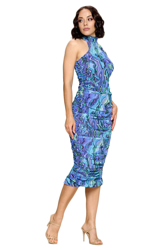 Hummingbird Blue multi Color Marble Print Midi Dress Ruched