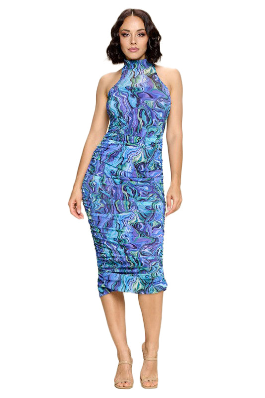 Hummingbird - Blue multi-Color Marble Print Midi Dress, Ruched