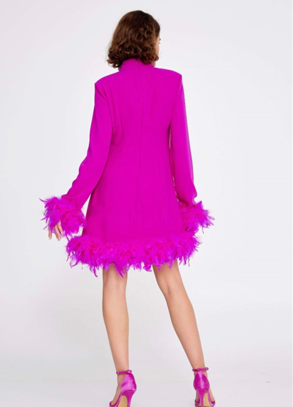 Chicken - Feather Trimmed Long Sleeve Mini Pink Dress