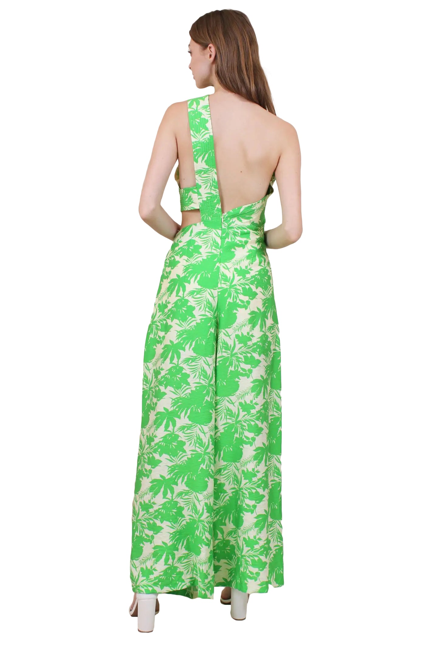 Fish - Trendy One Shoulder Floral Print Jumpsuit Green