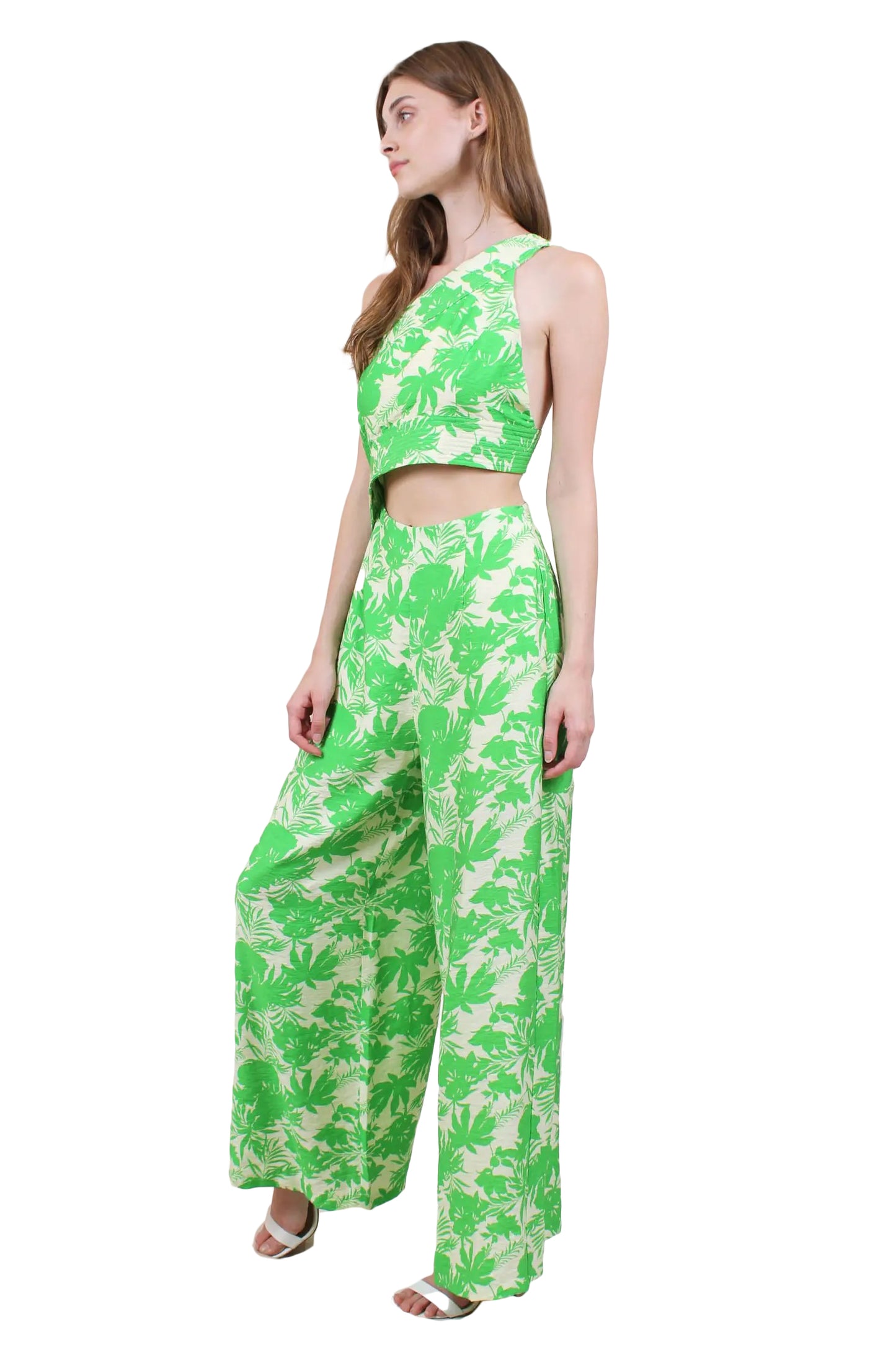 Fish - Trendy One Shoulder Floral Print Jumpsuit Green