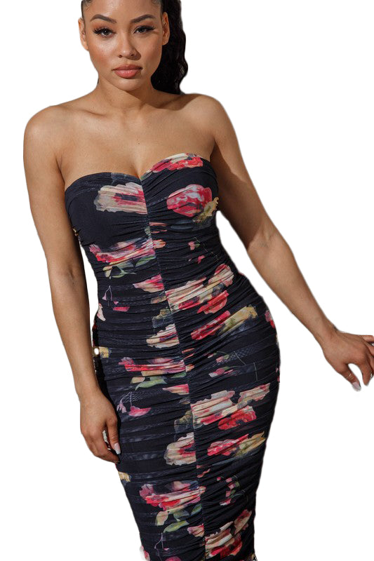 Ladybug - Black Multi-Color Mesh Print Ruched Tube Dress