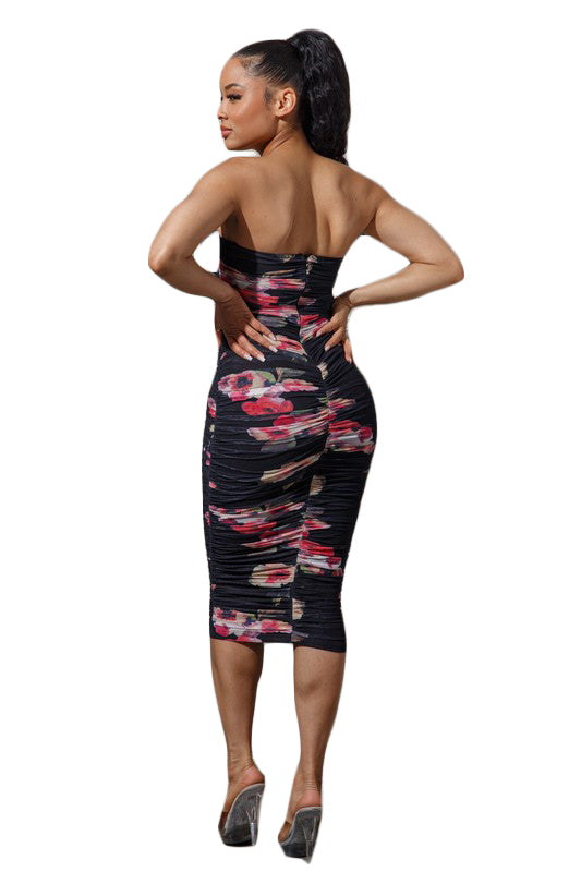 Ladybug - Black Multi-Color Mesh Print Ruched Tube Dress