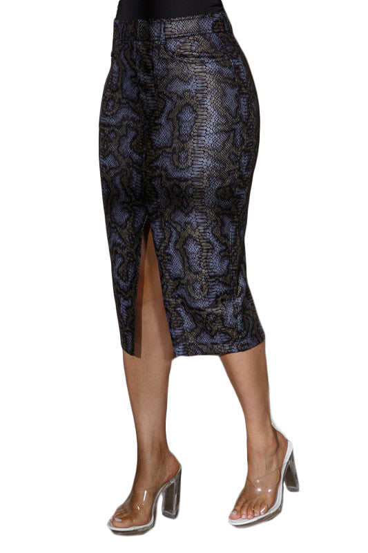 Panther - Black snake printed stretched suede midi length skirt