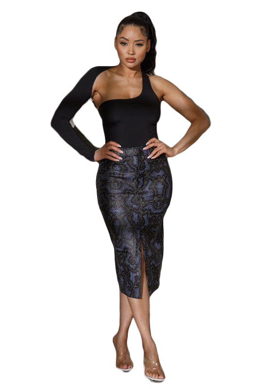 Panther - Black snake printed stretched suede midi length skirt