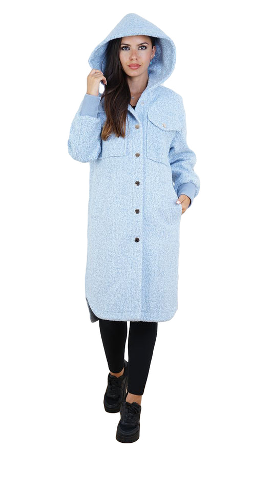 Tiger - Blue Button Down Women Shacket With Hoodie