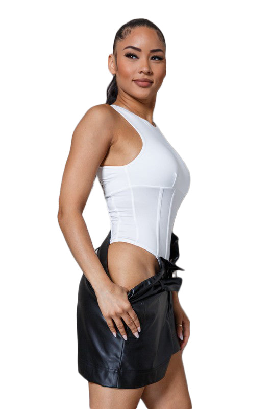 Swan - White Sleeveless Waist Strapping Bodysuit