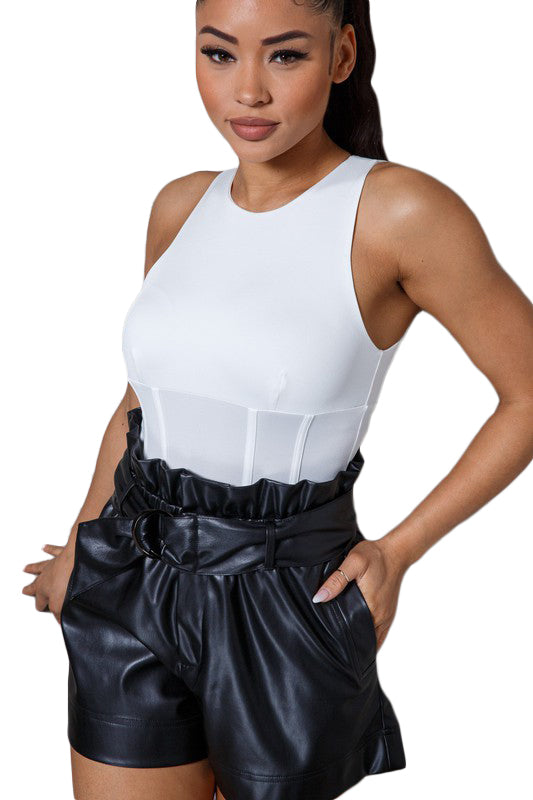 Swan - White Sleeveless Waist Strapping Bodysuit